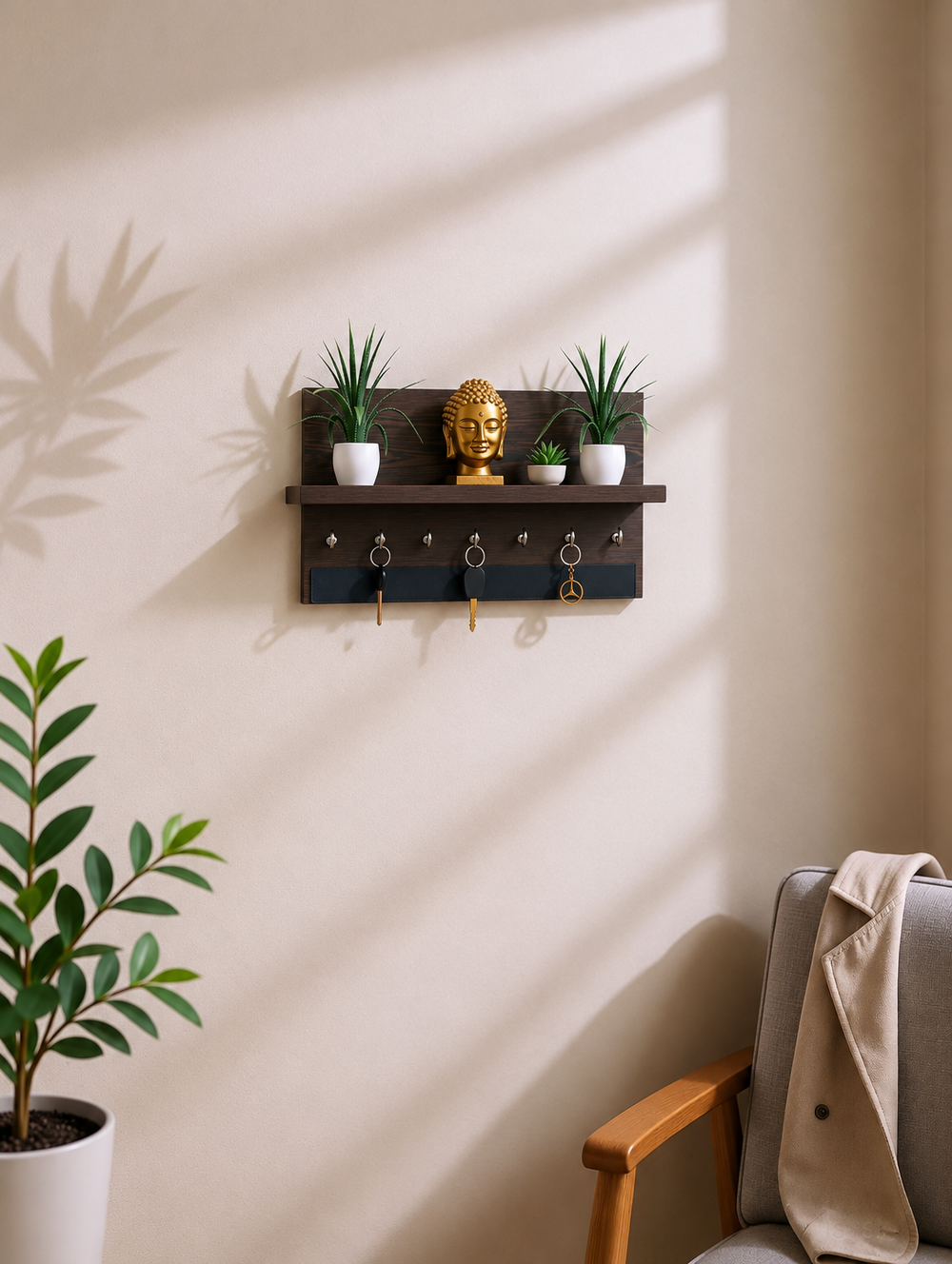 A dark brown wooden wall-mounted shelf with 7 brass hooks, styled with small potted plants and a golden Buddha head ornament on a beige wall with soft window shadows.