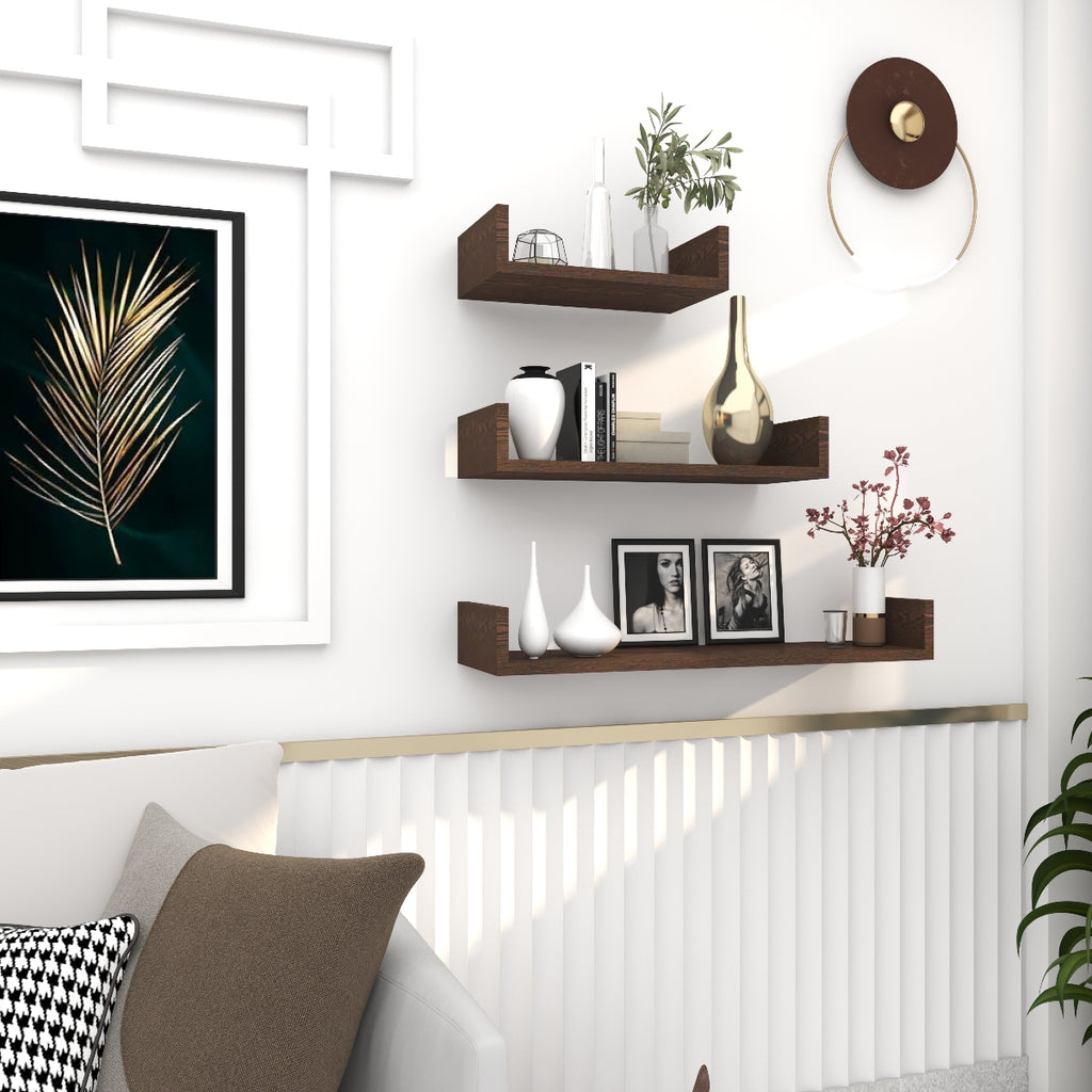 u shape wooden wall shelf – natural finish