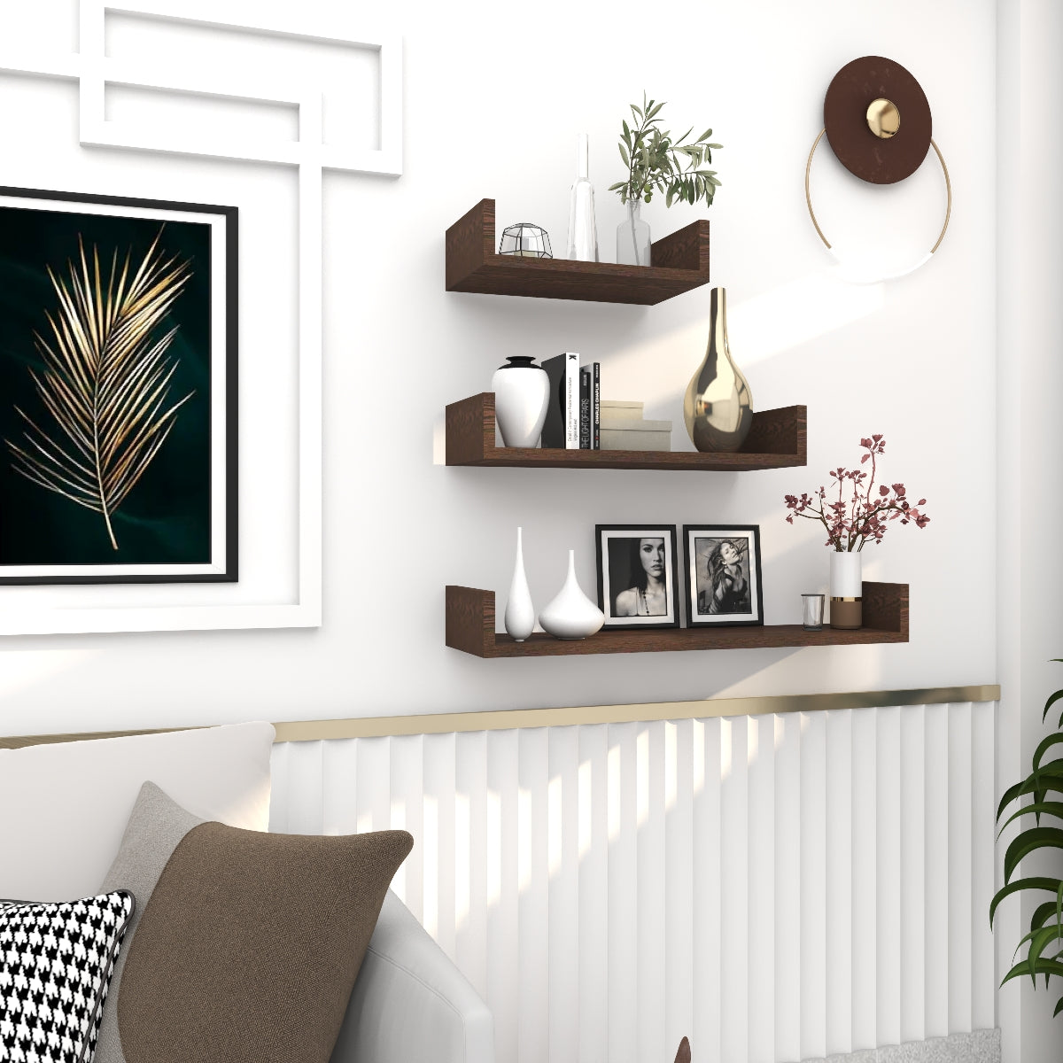 u shape wooden wall shelf – natural finish