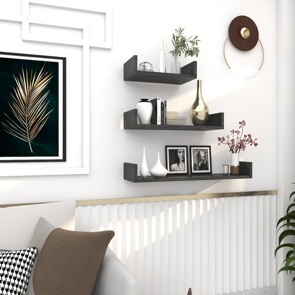 u shape wooden wall shelf – natural finish