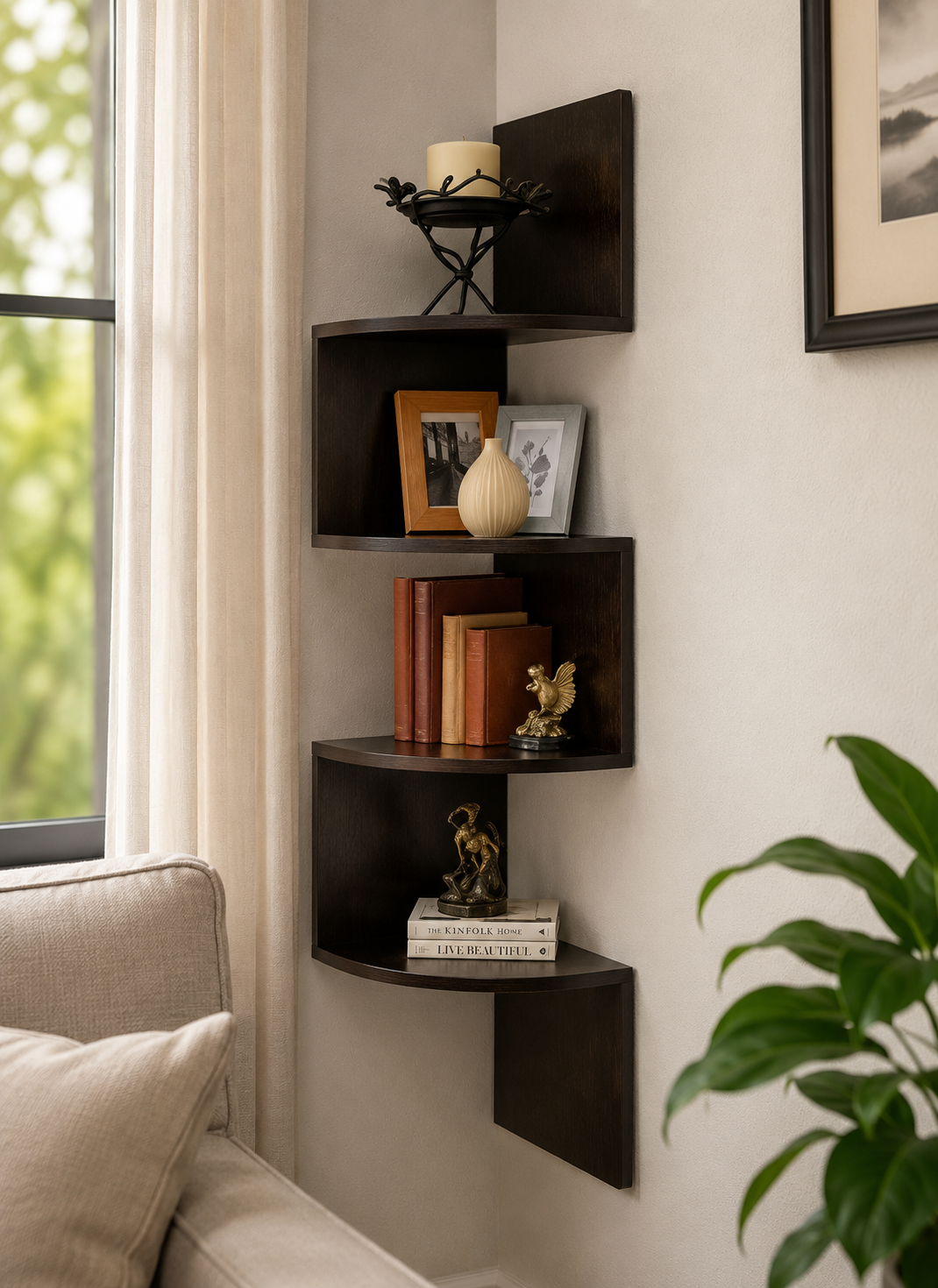 Dark brown corner wall shelves mounted on a beige wall in a living room setting, styled with books, framed photos, a small vase, and a candle, next to a window and a sofa.