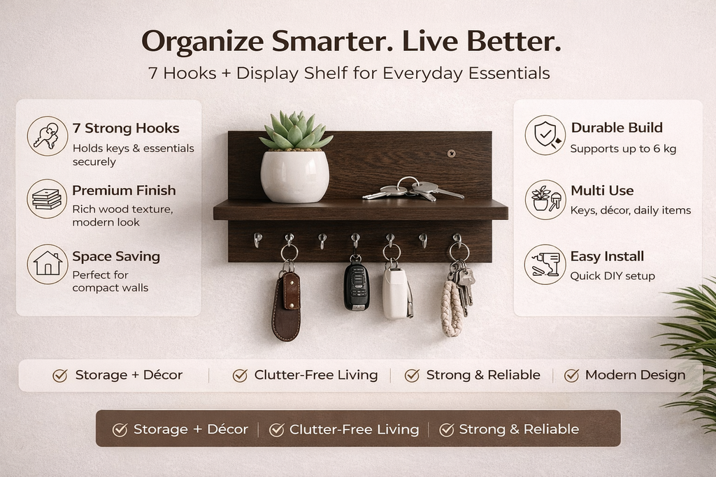 Stylish Wooden Wall Shelf with Key Holder for Kids — Montessori Style Organizer