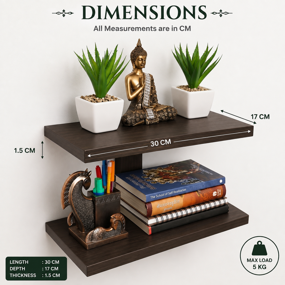 2 Tier Wooden Wall Shelf for Living Room, Bedroom & Kitchen | Wall Mounted Storage & Display Shelf