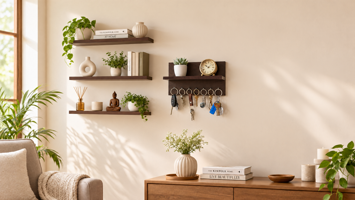 A styled interior scene showing dark wood wall shelves and a matching key rack mounted on a beige wall. The rack holds keys and a small round clock, with books, vases, and plants arranged around it.