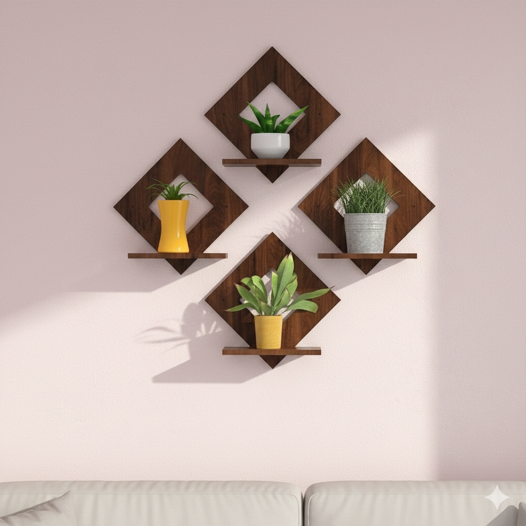 4 square wooden wall shelf