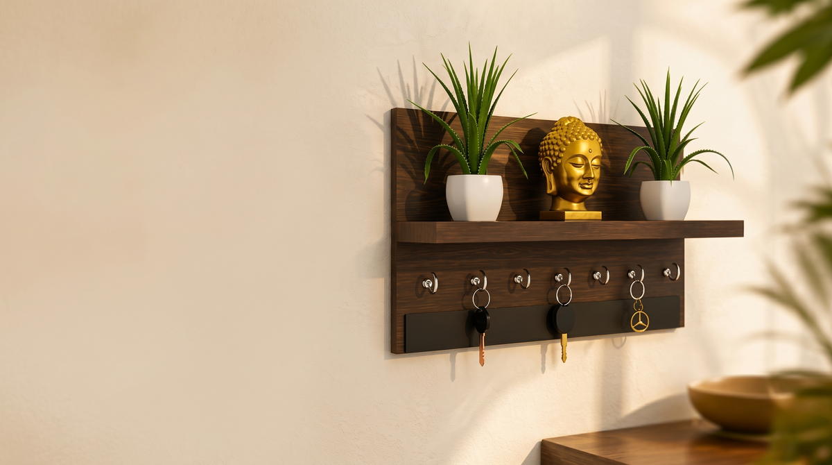 A dark brown wooden wall-mounted key rack shelf with two planters and a gold Buddha head decor piece on the top shelf and several metal key hooks below, shown mounted on a beige wall with decorative plants and a bowl nearby.