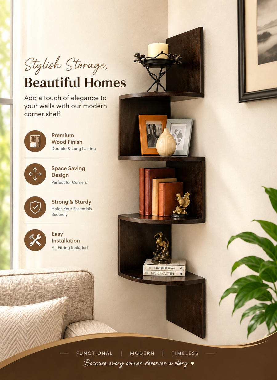 Handcrafted zigzag wooden corner wall shelf styled with books and décor in a living room