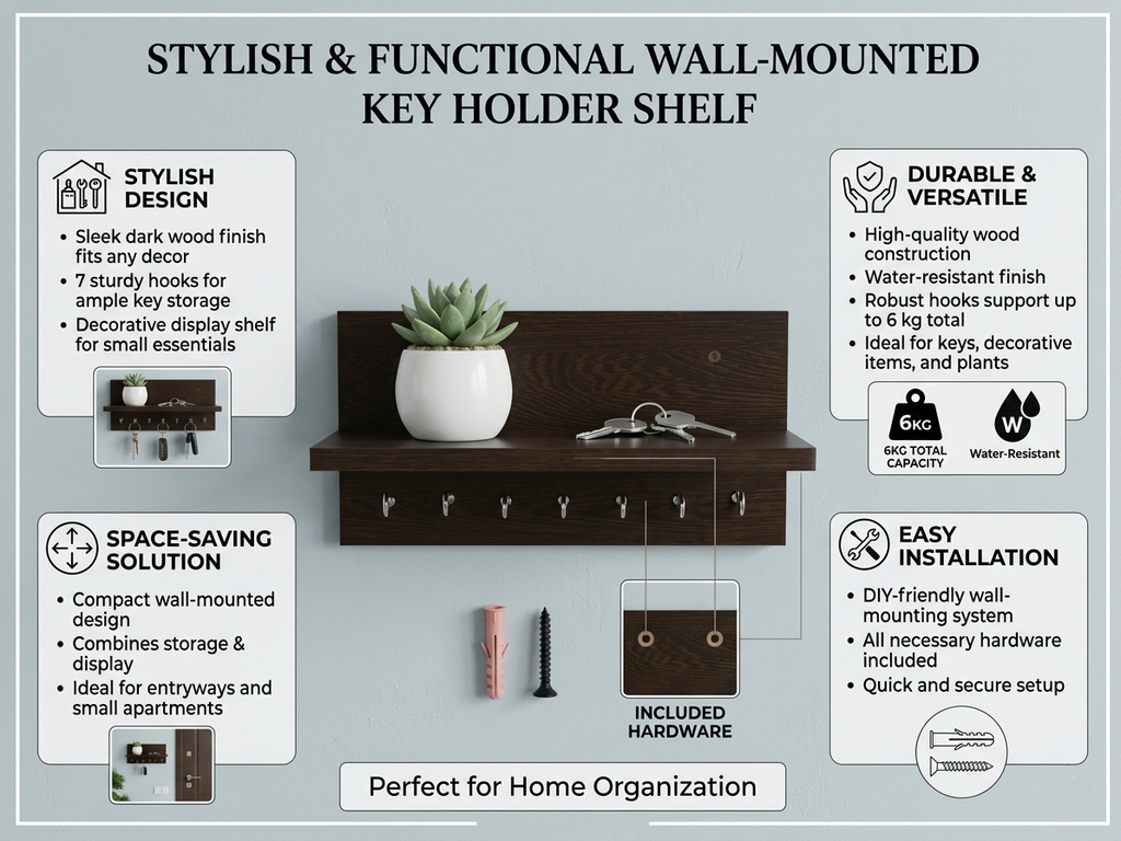 Stylish Wooden Wall Shelf with Key Holder for Kids — Montessori Style Organizer