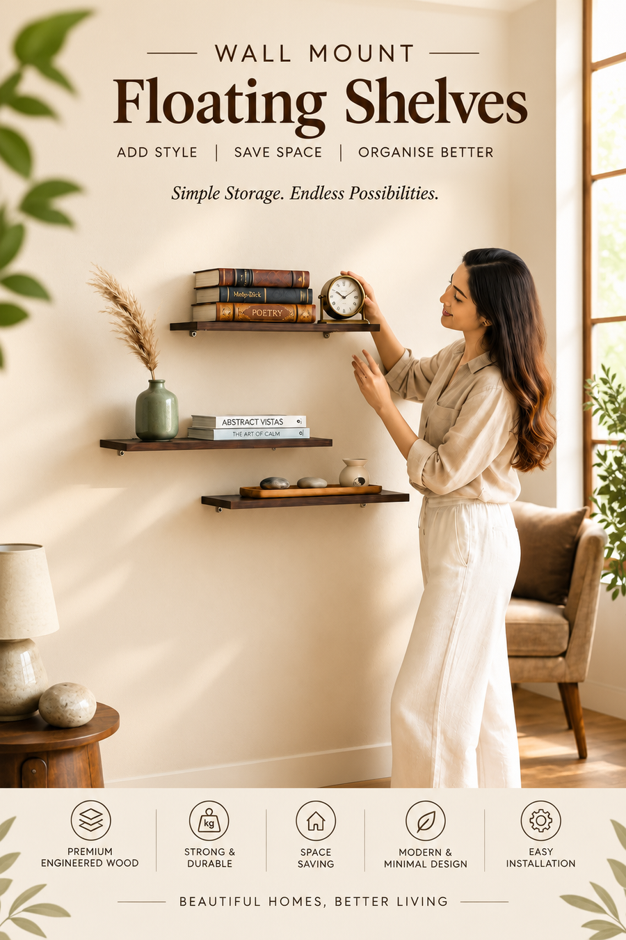 Three staggered wooden wall shelves with metal brackets on a cream wall, ready to style