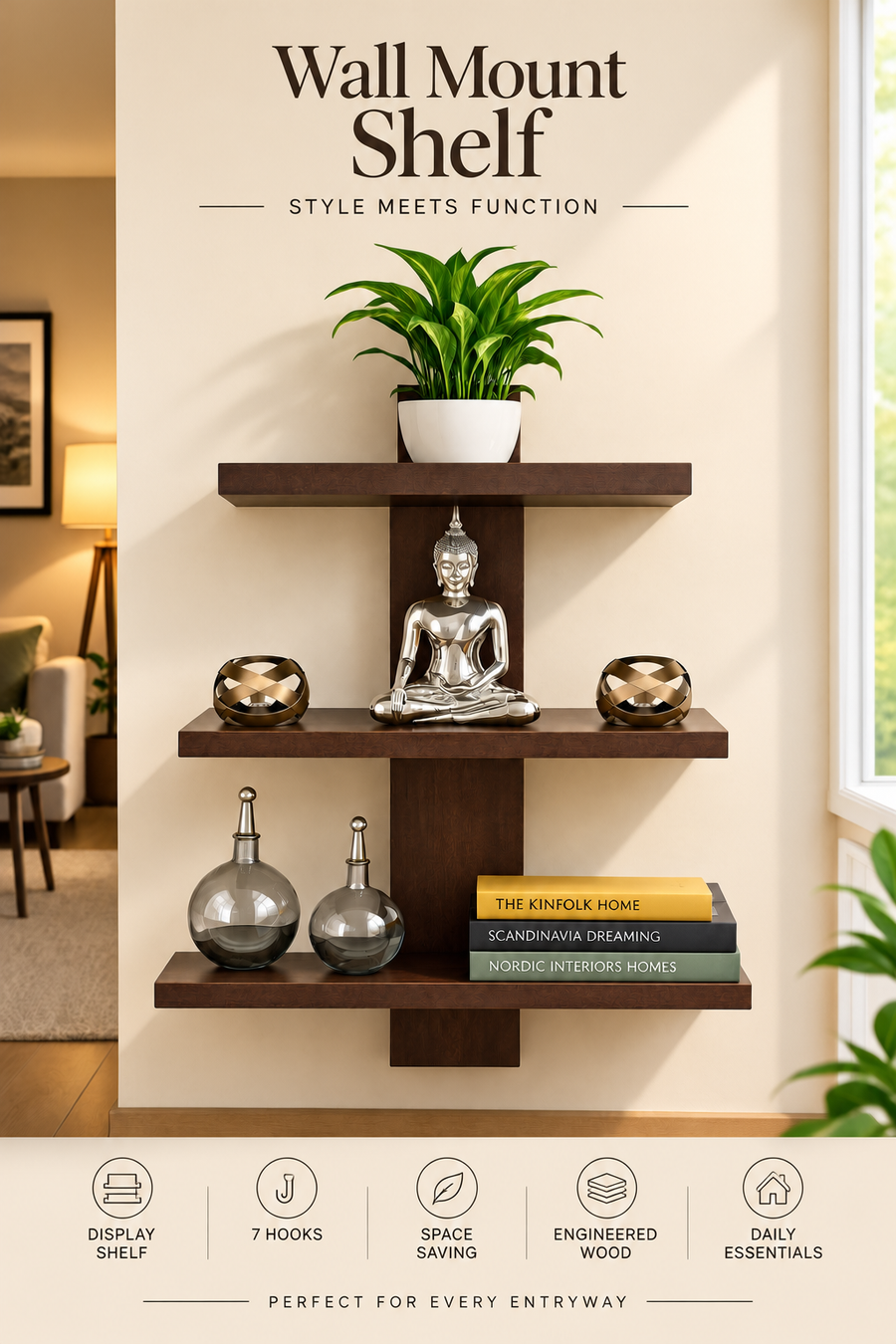 Hands assembling a compact 3-tier wooden wall shelf, shown during installation