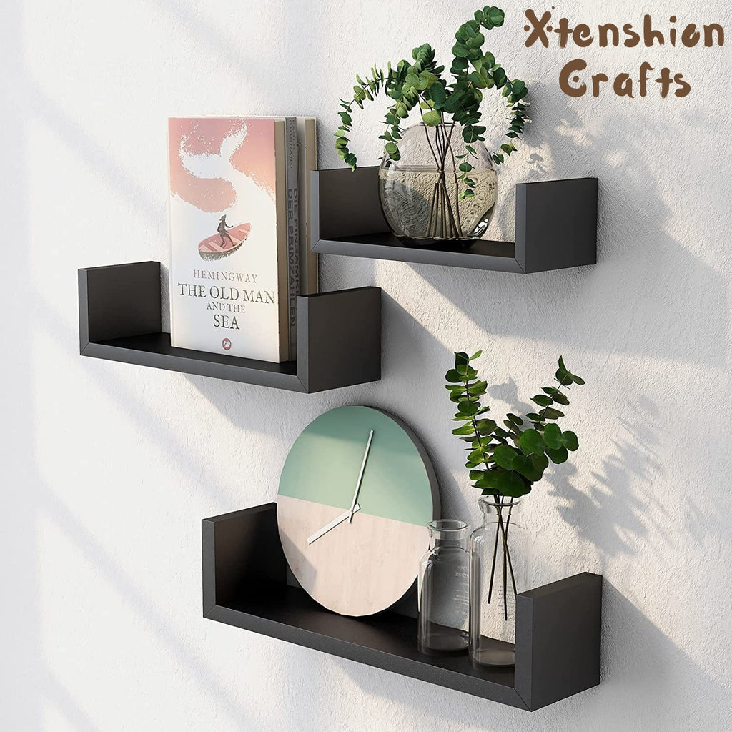 u shape wooden wall shelf – natural finish