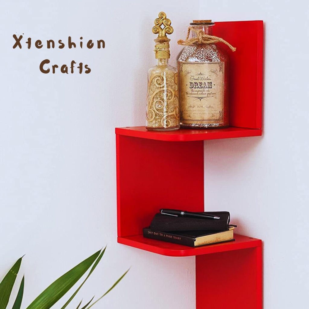 ZigZag Floating Wall Mount Corner Shelf – 2 Tier Wooden Display Shelf