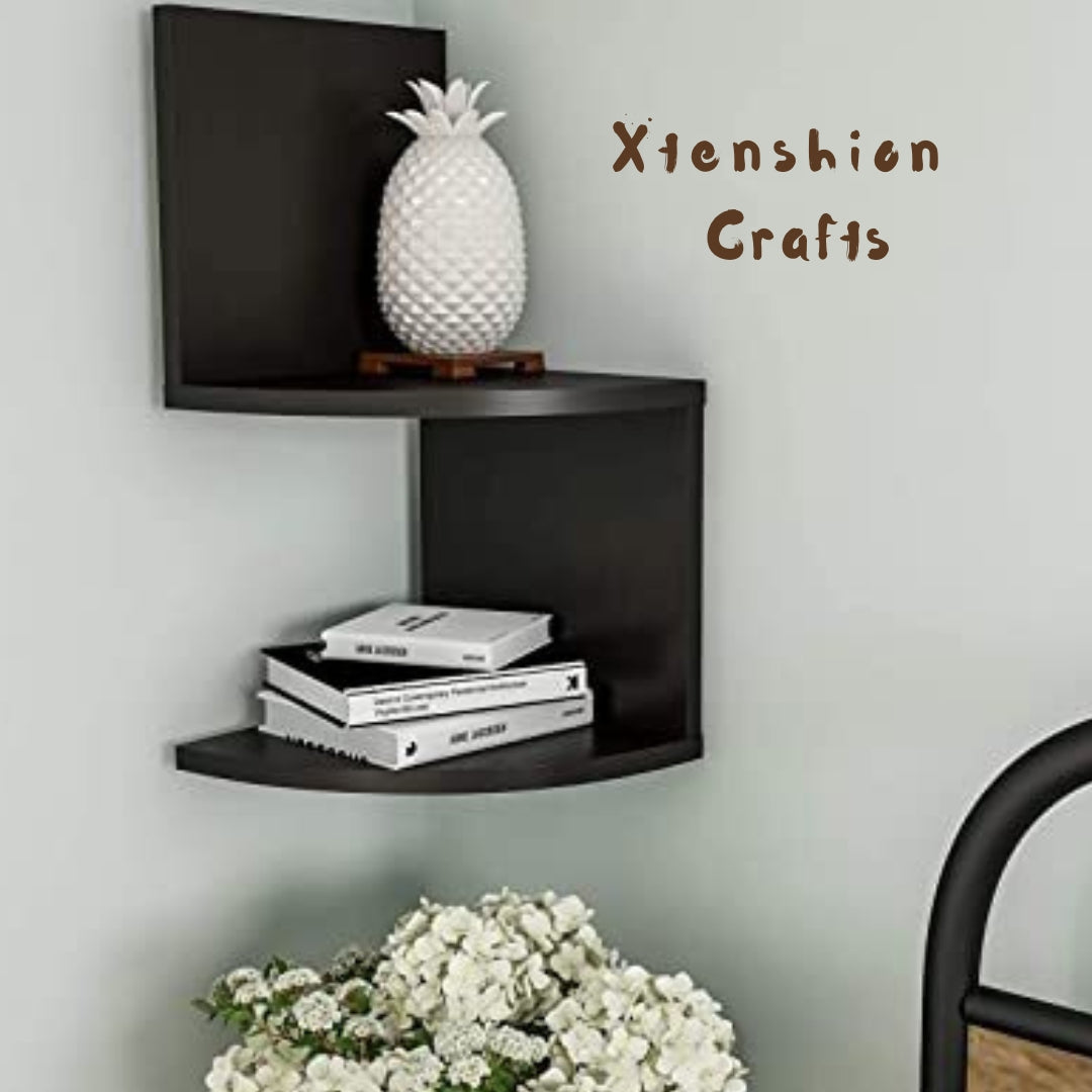 ZigZag Floating Wall Mount Corner Shelf – 2 Tier Wooden Display Shelf