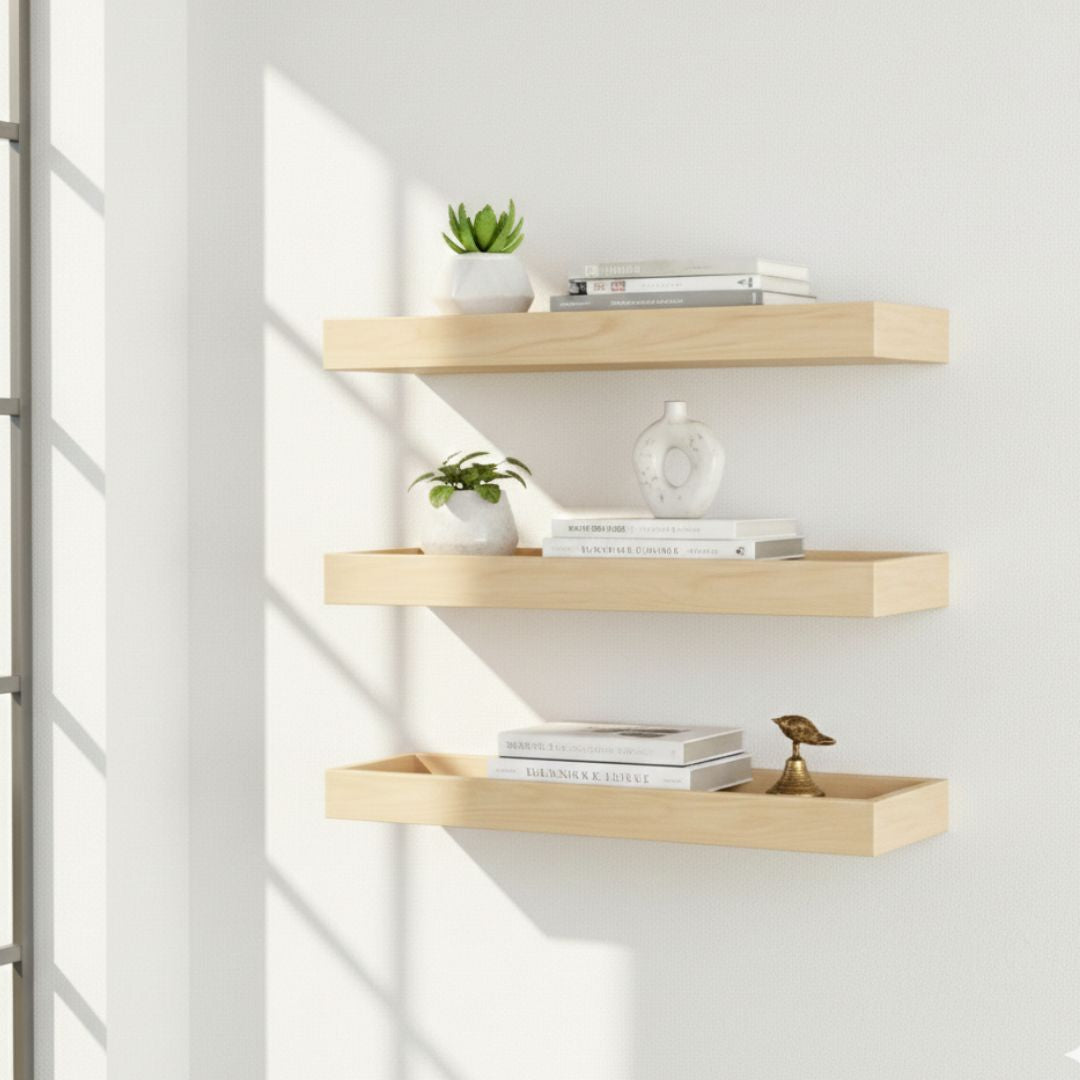 3 tier wall mount bookshelf – polished brown plywood for home & office