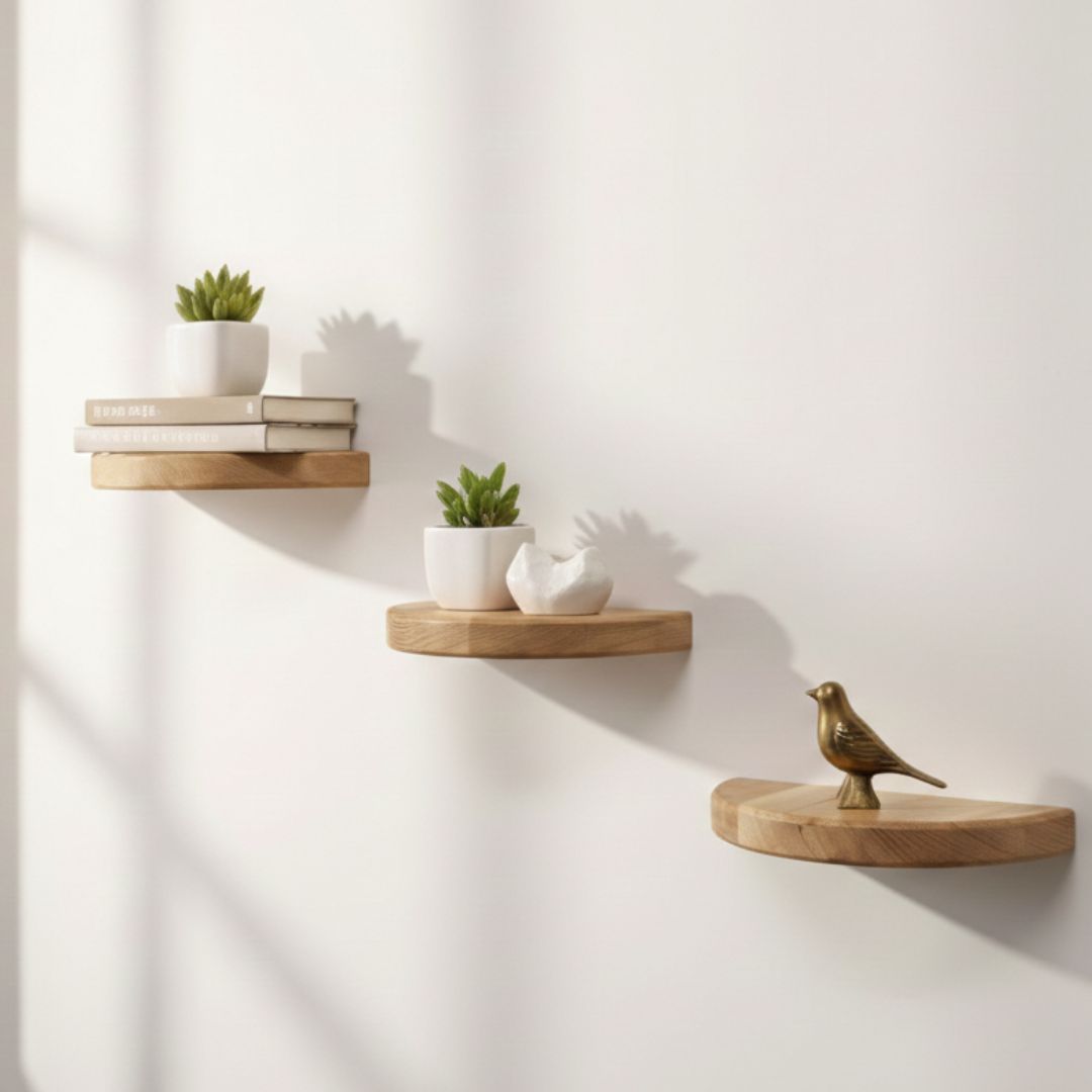 semi circle rustic pine wood floating wall shelves – set of 3
