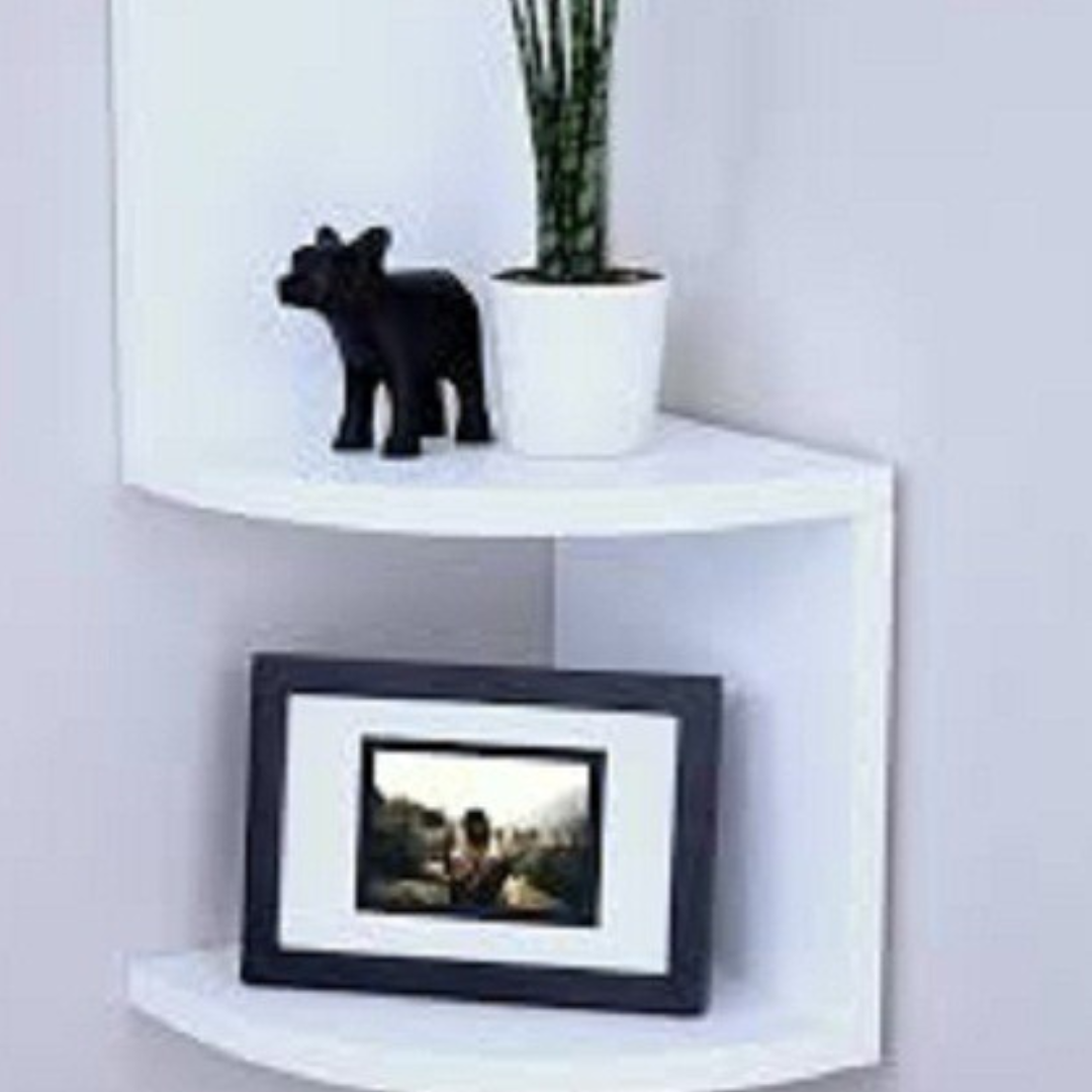ZigZag Floating Wall Mount Corner Shelf – 2 Tier Wooden Display Shelf