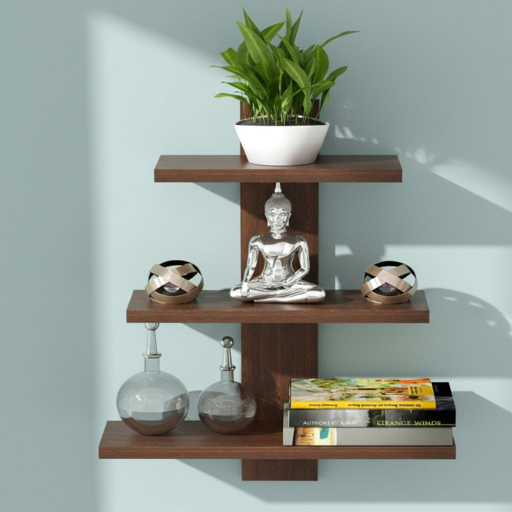 three tier wooden wall shelf