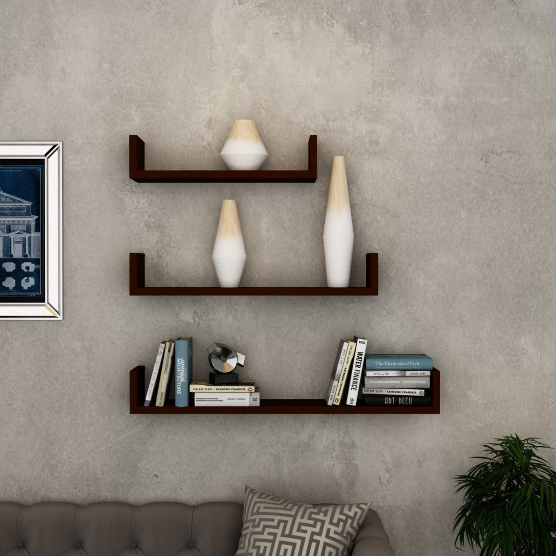 u shape wooden wall shelf