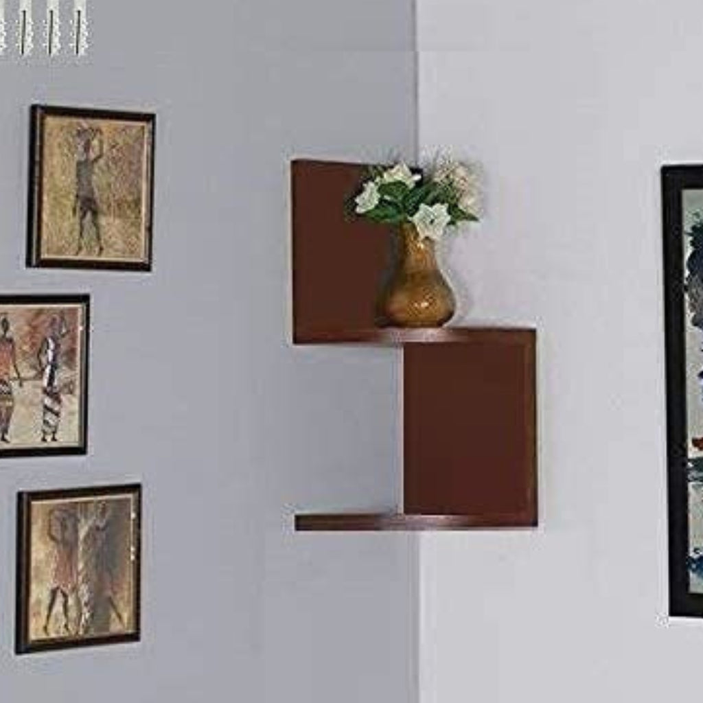 ZigZag Floating Wall Mount Corner Shelf – 2 Tier Wooden Display Shelf