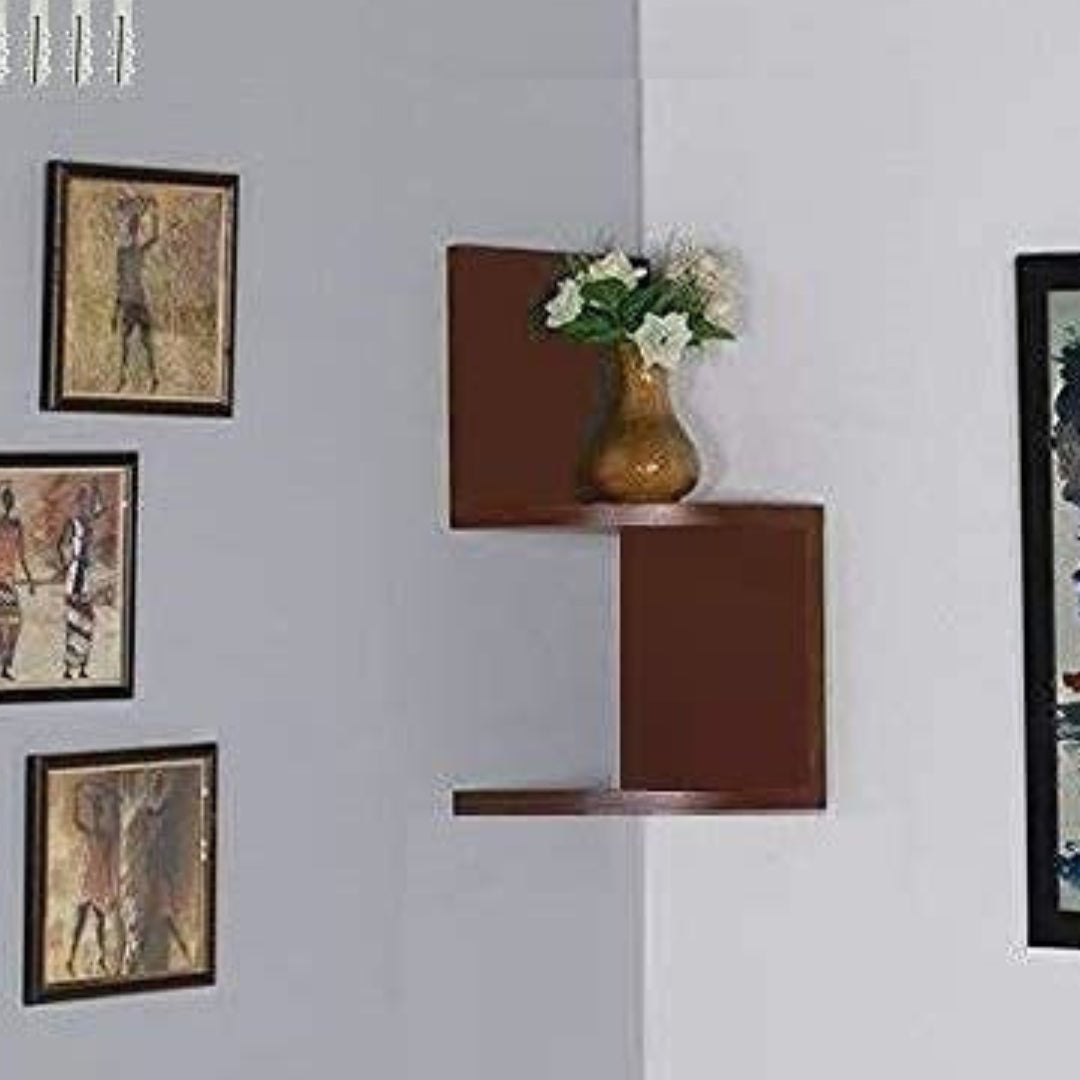 ZigZag Floating Wall Mount Corner Shelf – 2 Tier Wooden Display Shelf