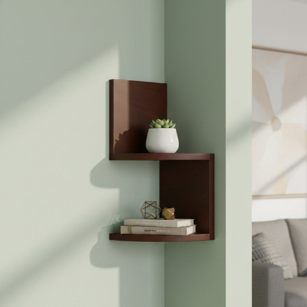 zigzag floating wall mount corner shelf – 2 tier wooden display shelf