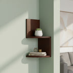 zigzag floating wall mount corner shelf – 2 tier wooden display shelf