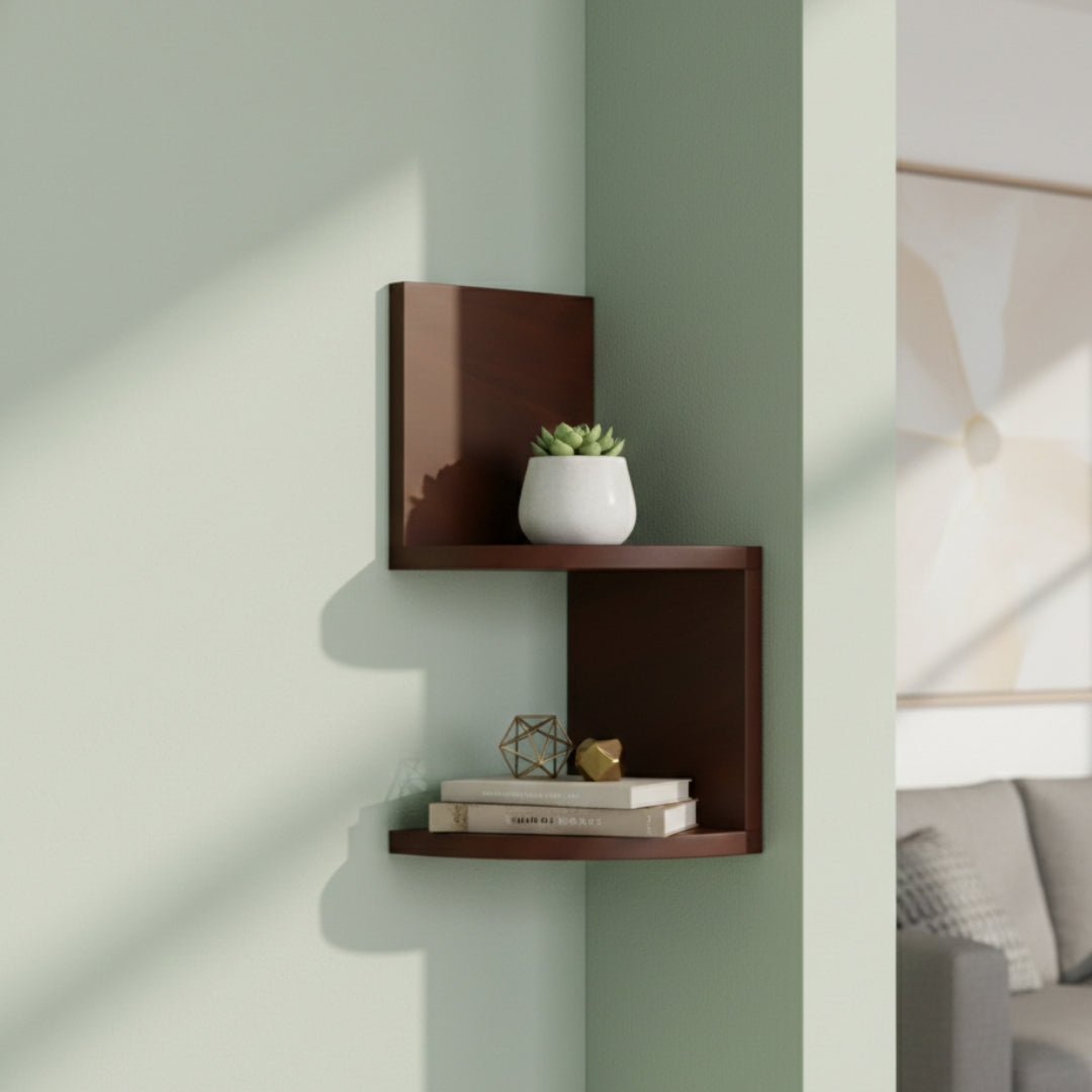 zigzag floating wall mount corner shelf – 2 tier wooden display shelf