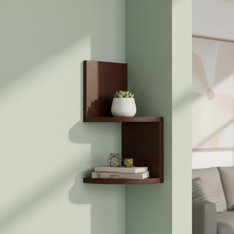 zigzag floating wall mount corner shelf – 2 tier wooden display shelf