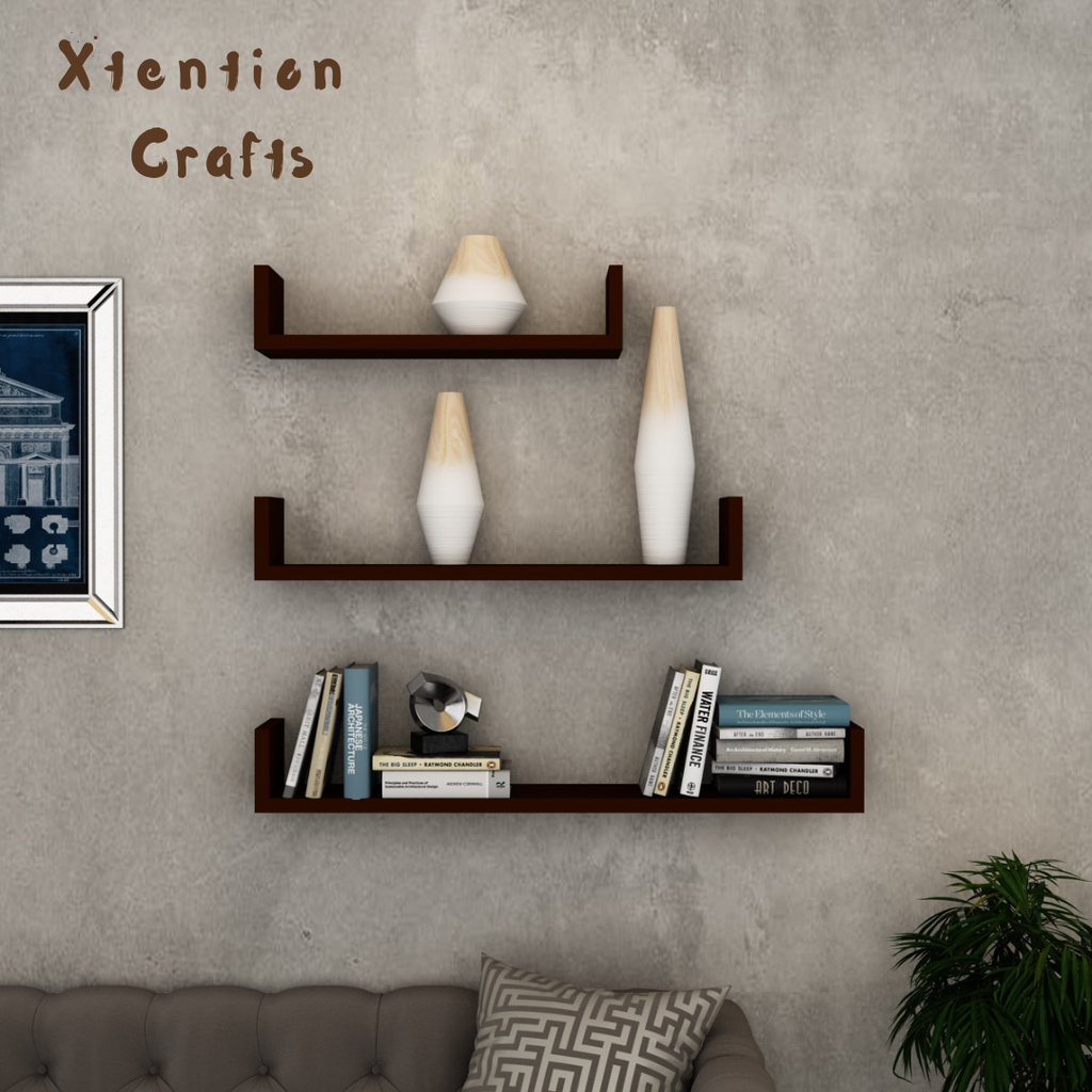 u shape wooden wall shelf – natural finish