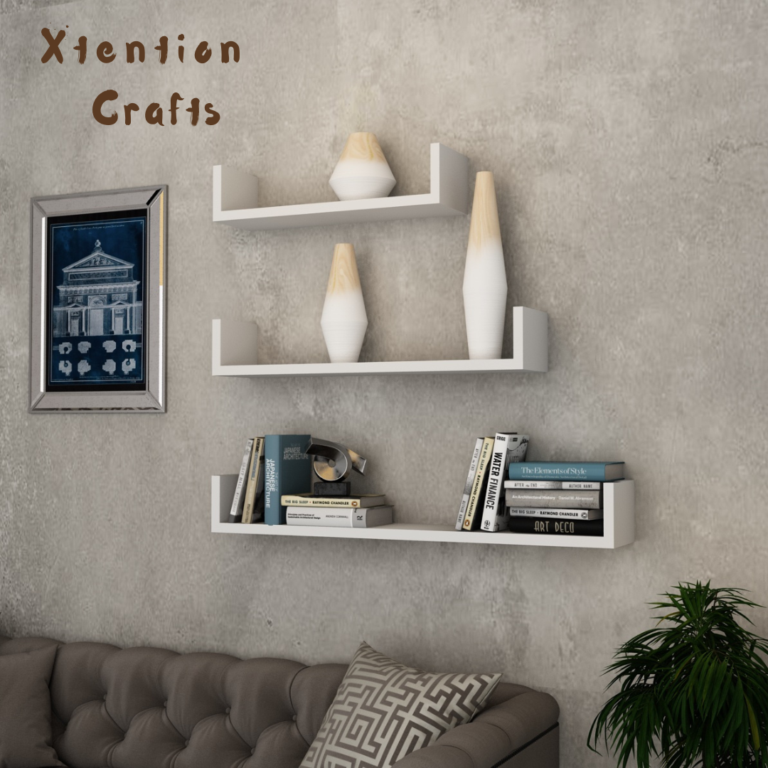 u shape wooden wall shelf – natural finish