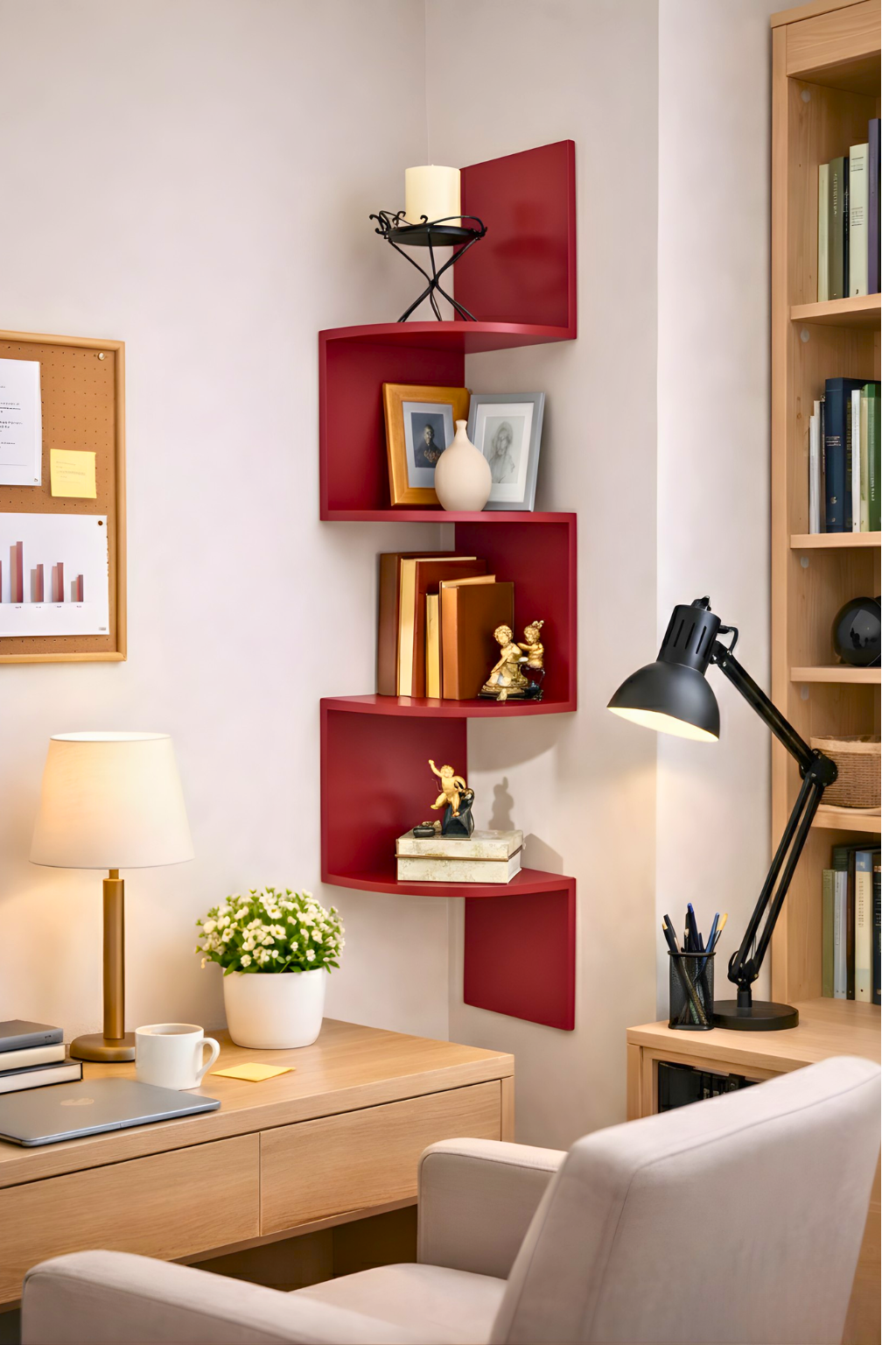 Corner Wooden Wall Shelf – 4 Tier Zigzag Space Saving Wall Mounted Shelf for Living Room & Home Decor