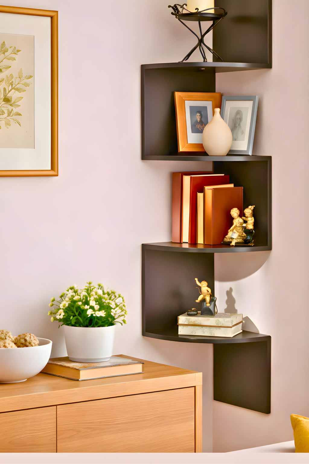 Corner Wooden Wall Shelf – 4 Tier Zigzag Space Saving Wall Mounted Shelf for Living Room & Home Decor