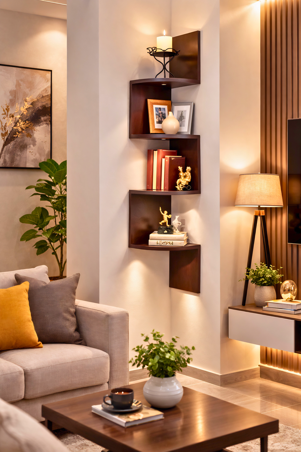 Wooden corner Shelf for living room