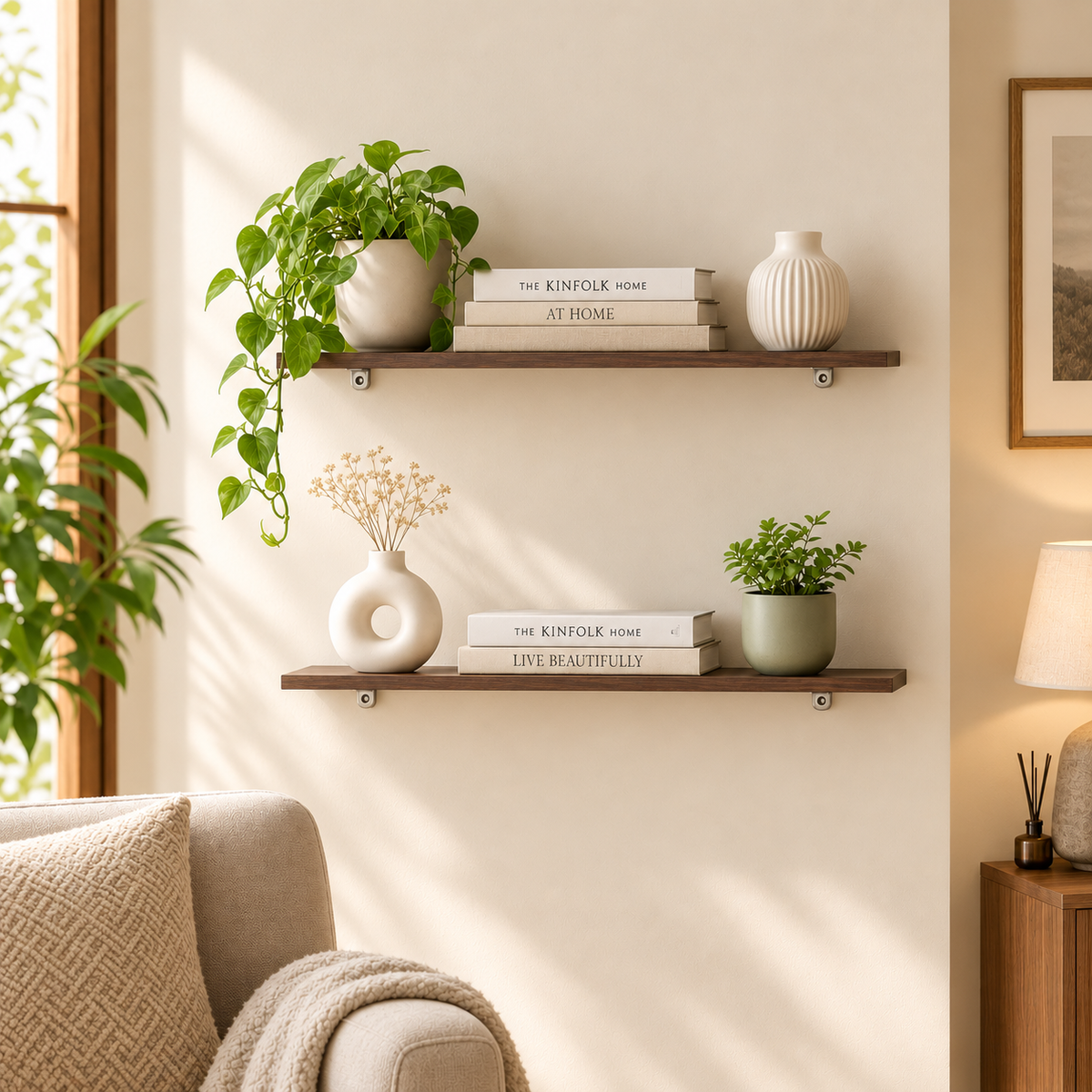 Two dark brown floating wooden shelves mounted on a beige wall in a styled living room. The shelves are decorated with books, ceramic vases, and potted green plants.