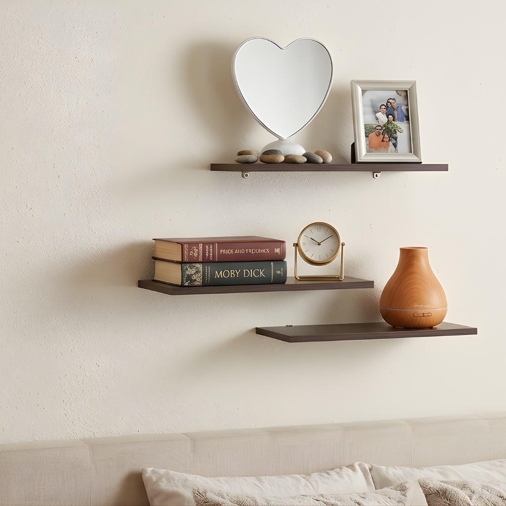 Wooden Wall Shelf for Living Room | Floating Wood Wall Shelves | Set of 3 | Dark Walnut | 40 x 20 cm