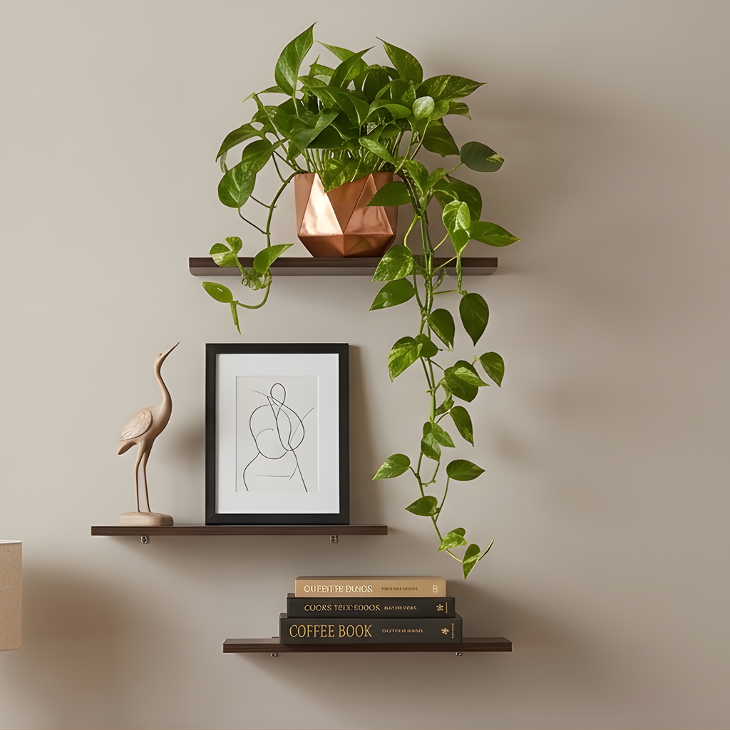 Wooden Wall Shelf for Living Room | Floating Wood Wall Shelves | Set of 3 | Dark Walnut | 40 x 20 cm
