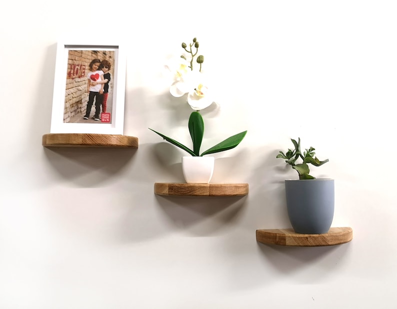 semi circle rustic pine wood floating wall shelves – set of 3