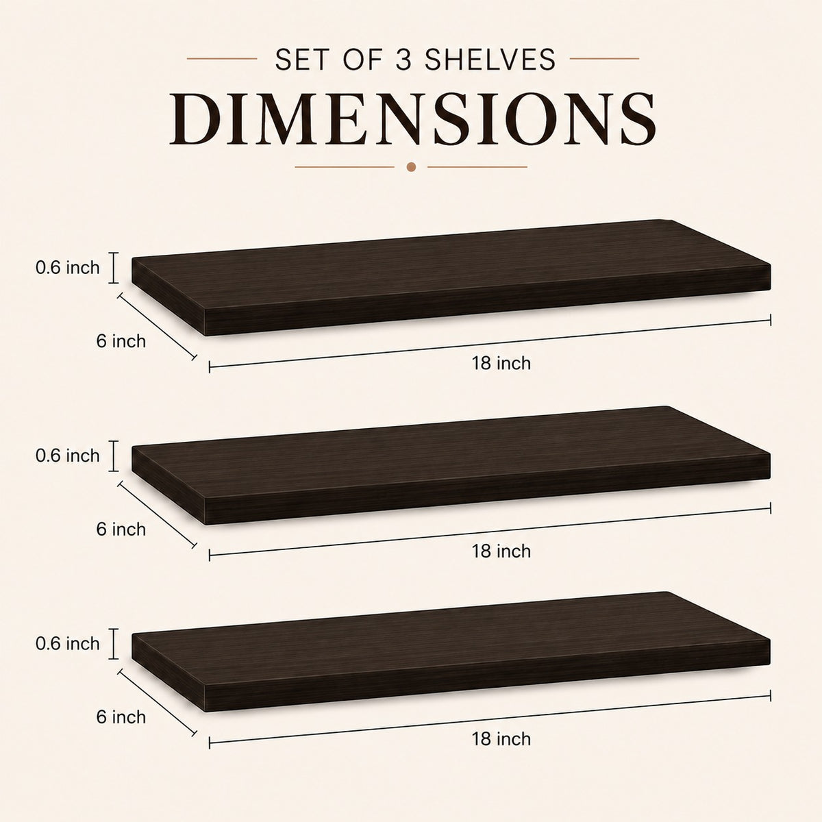 Set of 3 dark brown shelves with dimension labels showing 18 inch length, 6 inch width, and 0.6 inch height on a light beige background.