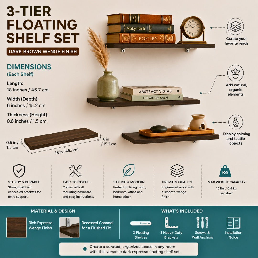 A dark brown wenge finish 3-tier floating shelf set with detailed specifications, dimensions, installation instructions, and a list of included accessories on a split white and teal infographic background.