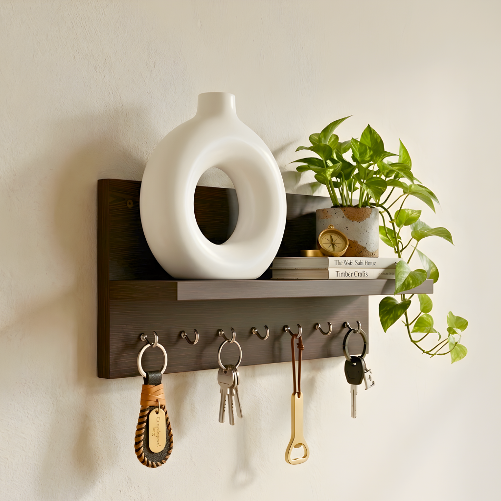 Stylish Wooden Wall Shelf with Key Holder for Kids — Montessori Style Organizer 2 Stylish Wooden Wall Shelf with Key Holder for Kids — Montessori Style Organizer - Image 2