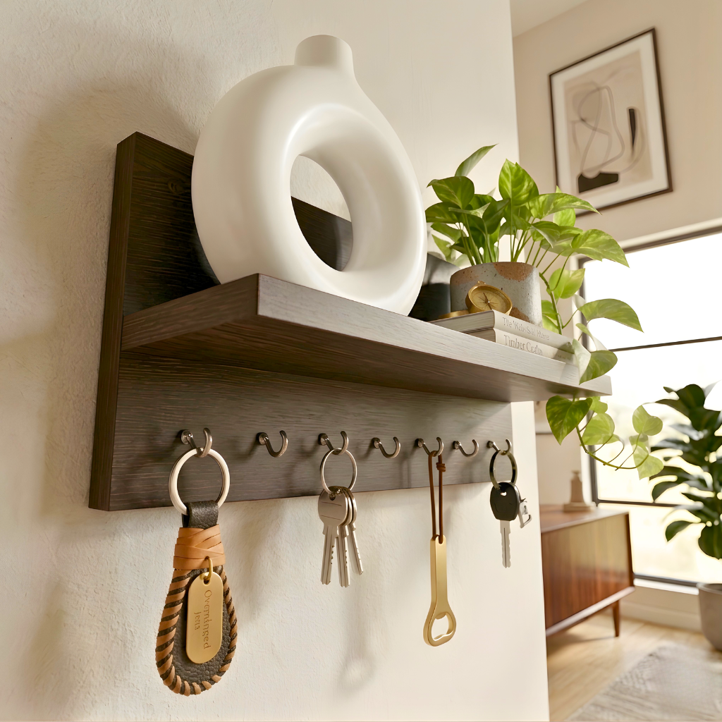Stylish Wooden Wall Shelf with Key Holder for Kids — Montessori Style Organizer 4 Stylish Wooden Wall Shelf with Key Holder for Kids — Montessori Style Organizer - Image 4