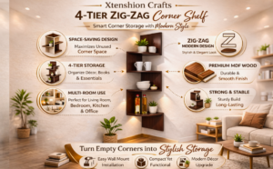 Buy a 4-tier Zigzag Wooden Corner Wall Shelf for living rooms & home decor. Space-saving wall-mounted shelf, durable wood, easy install for bedroom, kitchen & office.